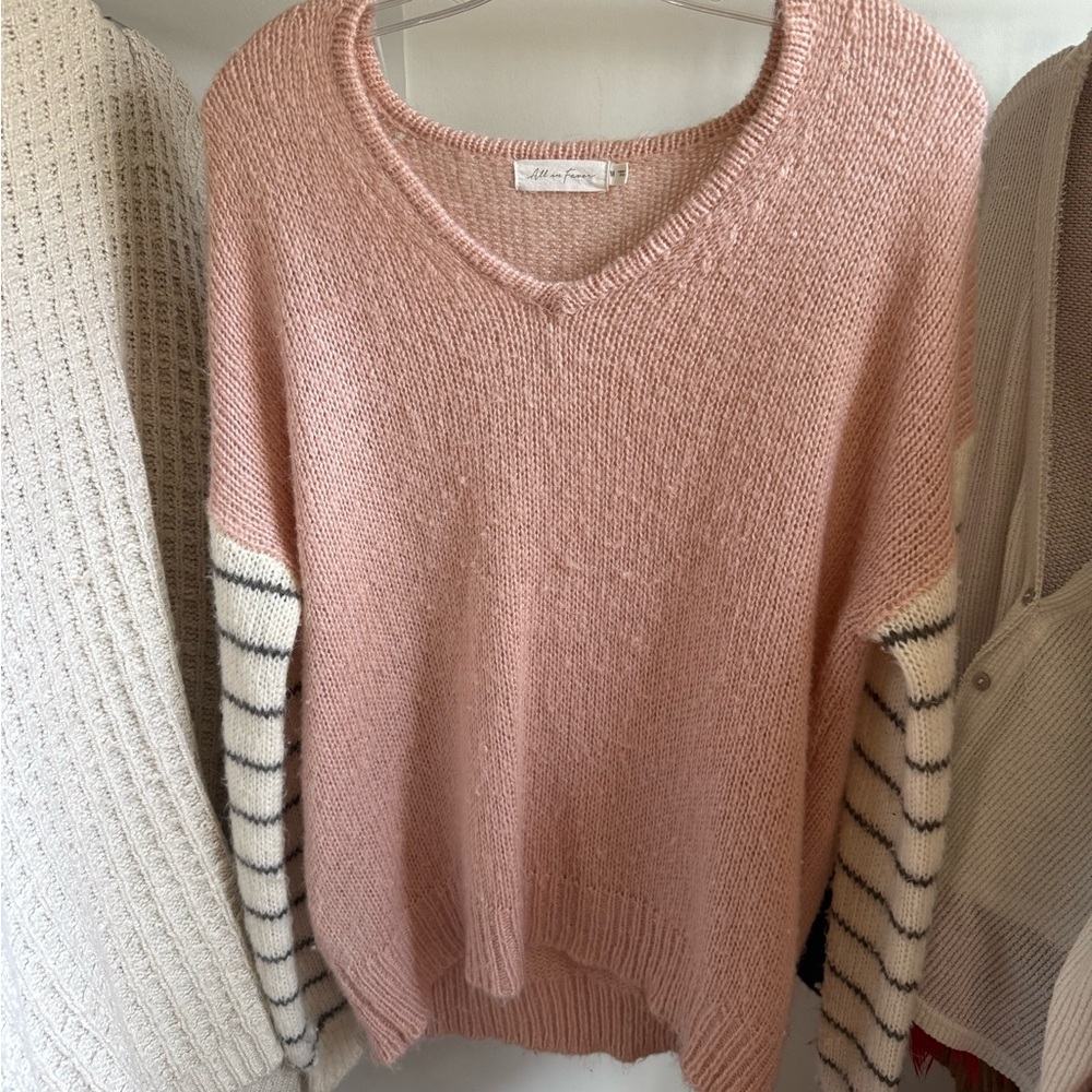 All in Favor Blush Sweater with Striped Sleeves